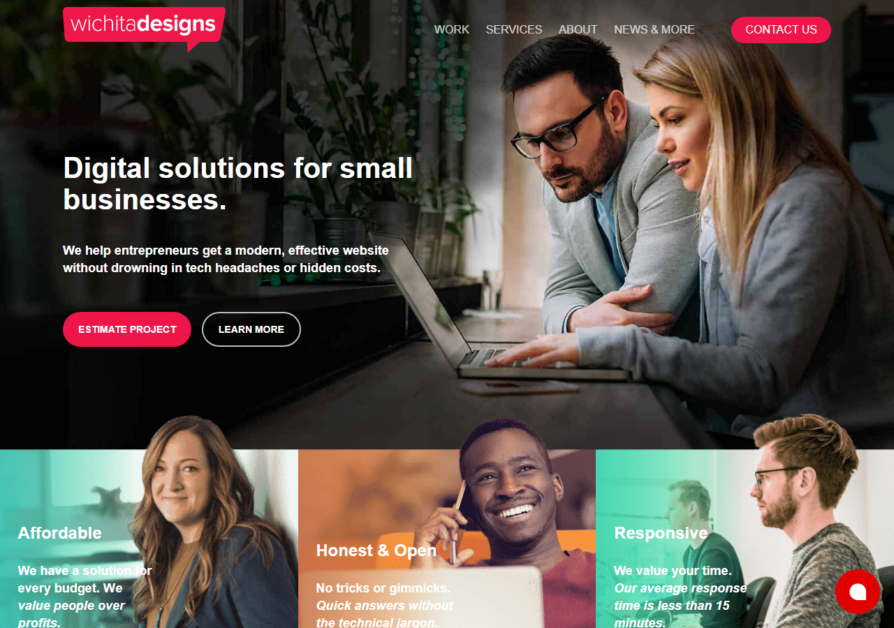 Wichita Designs homepage screenshot, a small-business web design and digital marketing agency at 115 South Laura Street in Wichita, Kansas
