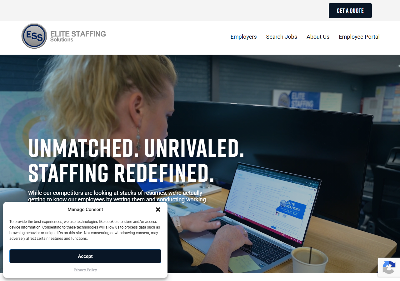 Elite Staffing Solutions homepage screenshot, a Wichita, Kansas industrial, manufacturing and engineering staffing agency