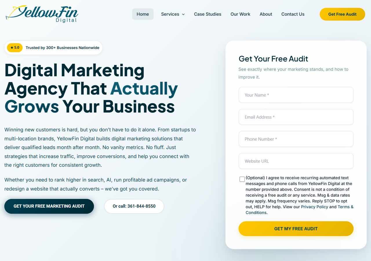 YellowFin Digital homepage screenshot, an SEO and digital marketing agency based in Corpus Christi, Texas