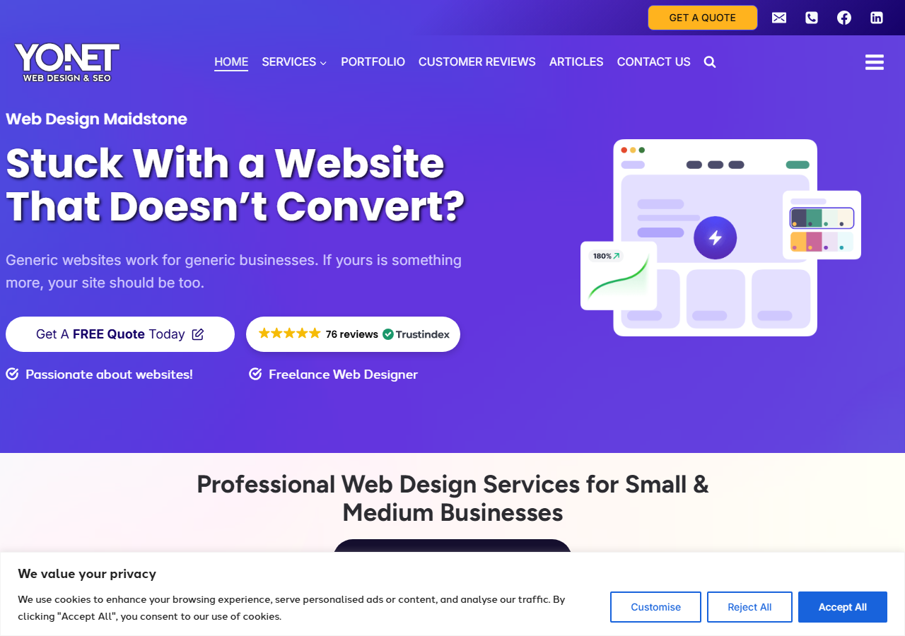 Web Design Yonet homepage screenshot, a Maidstone-based freelance web designer offering SEO packages, run by Marcin Choszczyk