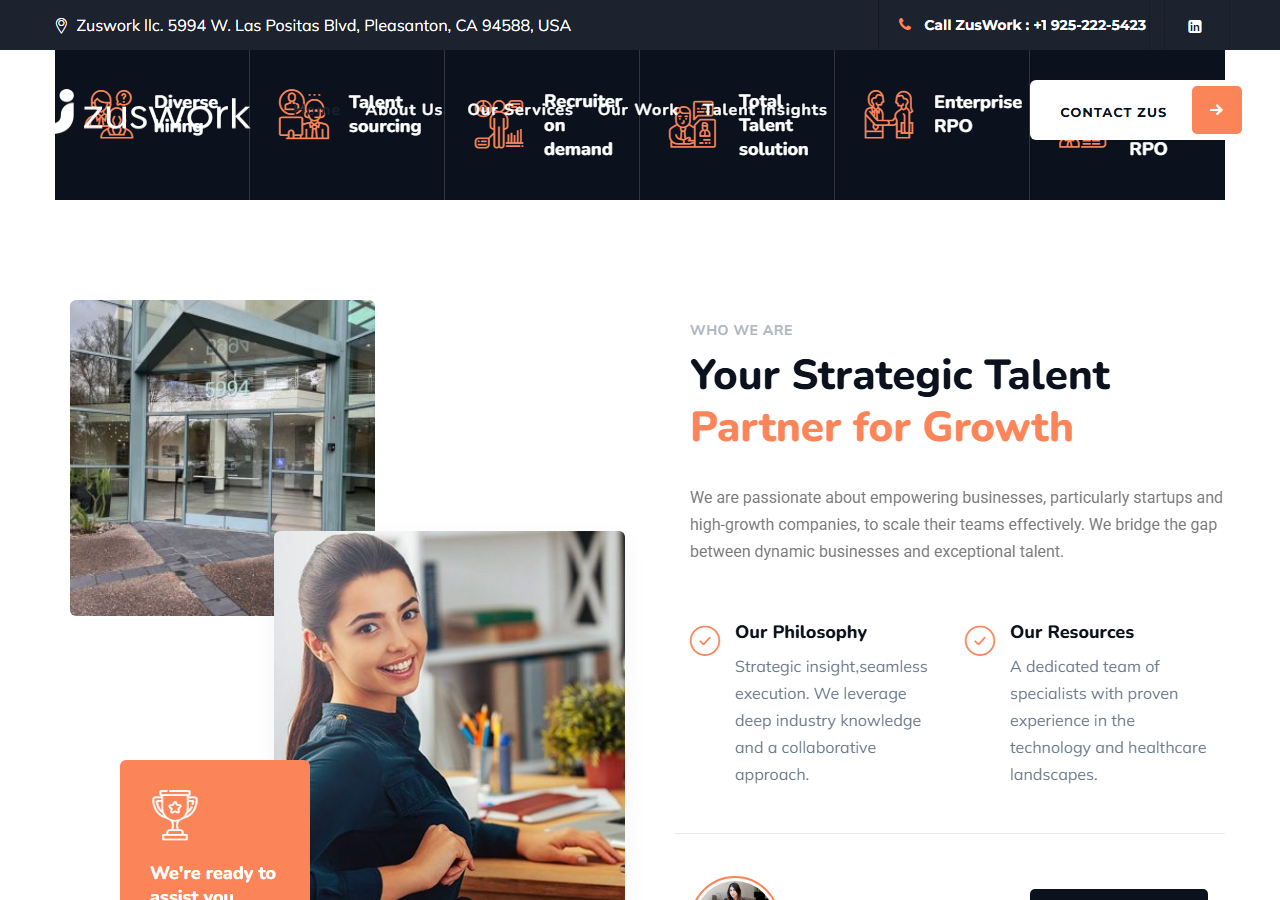 Zuswork Inc homepage screenshot, a Pleasanton, California talent acquisition and RPO firm focused on startups in healthcare and technology